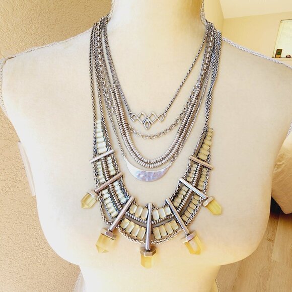 Lucky Brand Citrine Tone Quartz Acrylic Multi Chain Boho Statement Necklace - Picture 3 of 5